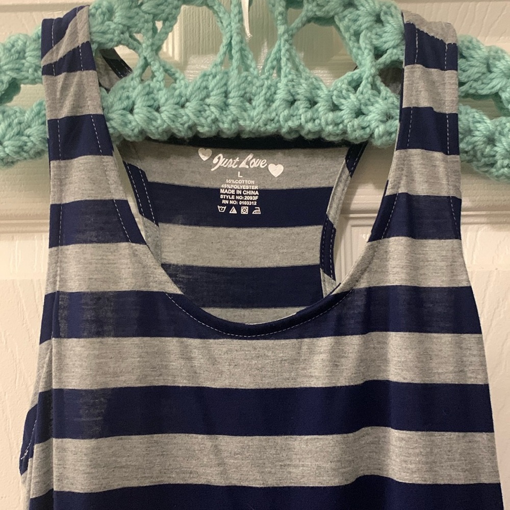 NUST LOVE NWOT MAXI DRESS NAVY/GRAY STRIPE SZ L RAZOR BACK KNIT 55% COT 45% POLY